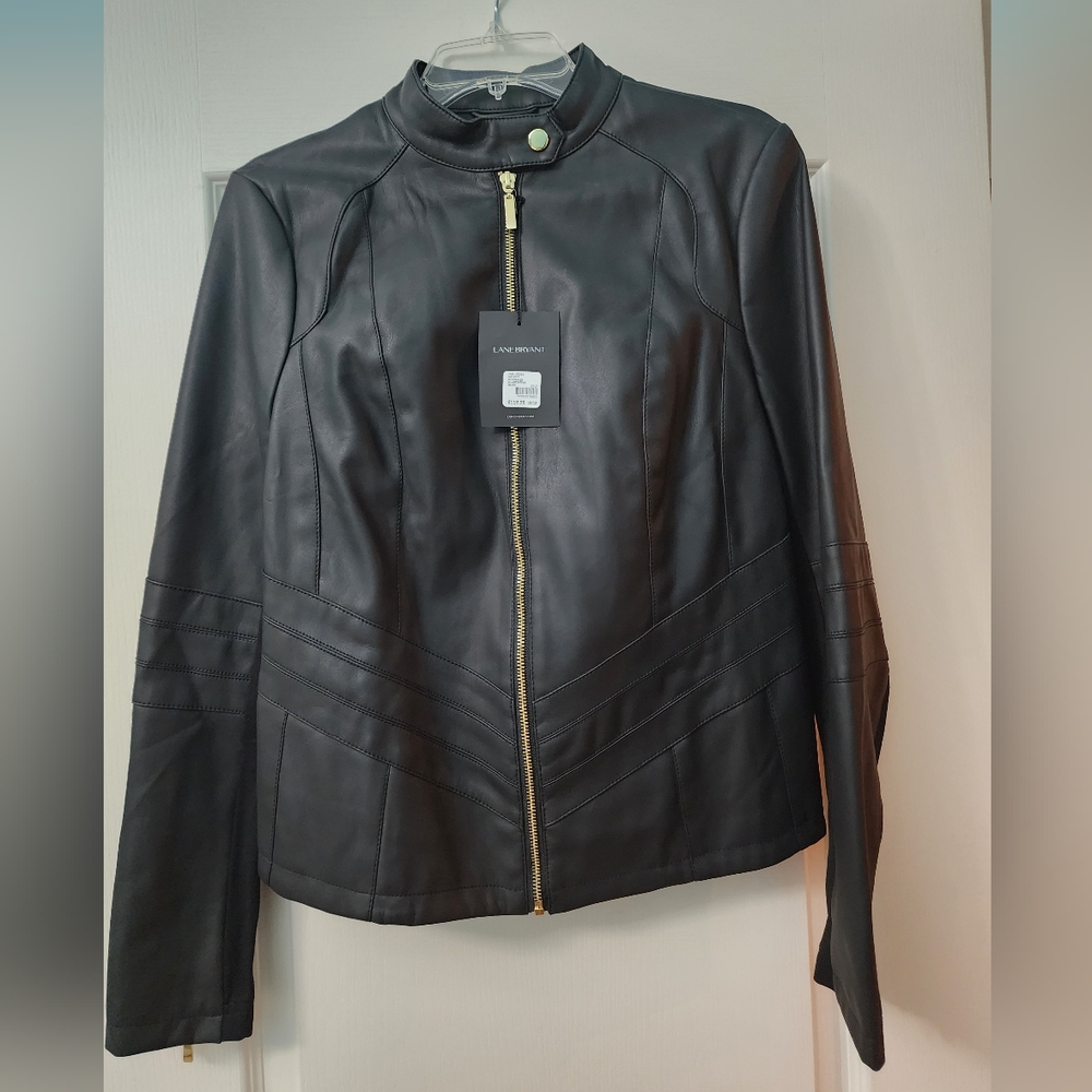 NWT Lane Bryant Faux Leather Jacket in Black with Gold Hardware Size 10/12